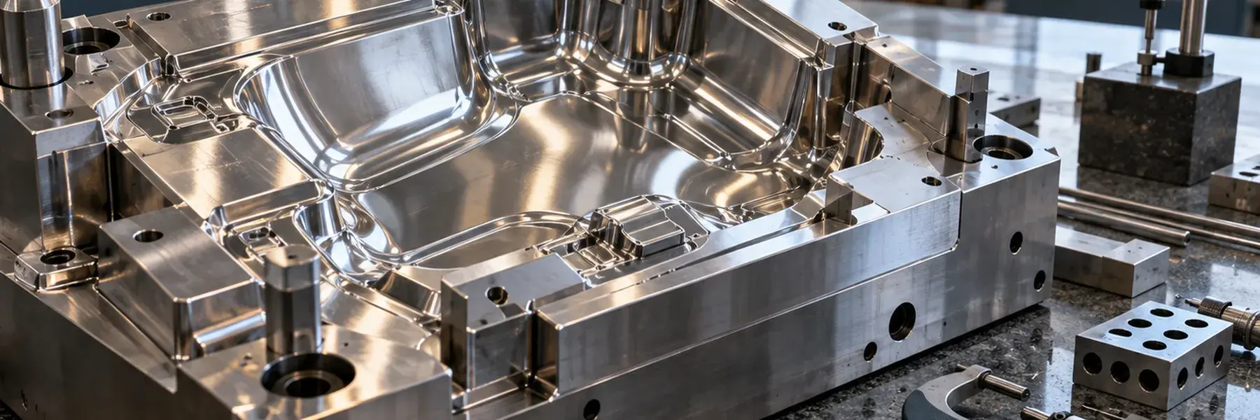Demi-moule d'injection en acier ouvert sur un marbre, empreinte polie miroir et colonnes de guidage ; micromètre, blocs de mise en position et barres rectifiées posés à côté.
