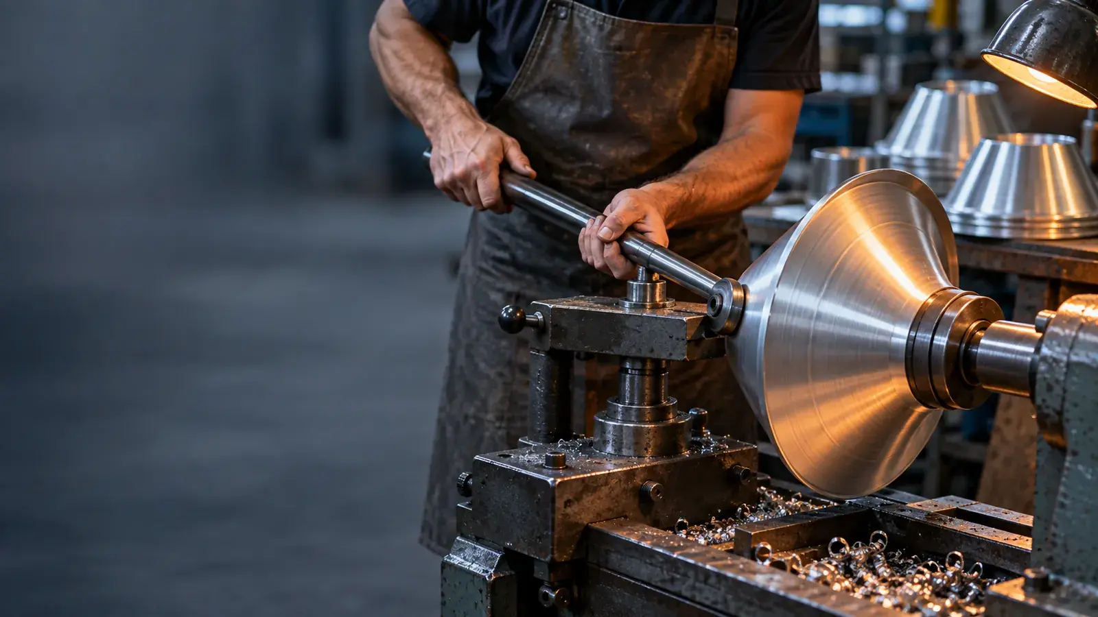 Repoussage d'un disque d'aluminium sur un tour à repousser : un outil à galet façonne la tôle sur un mandrin, des cônes déjà repoussés empilés derrière.