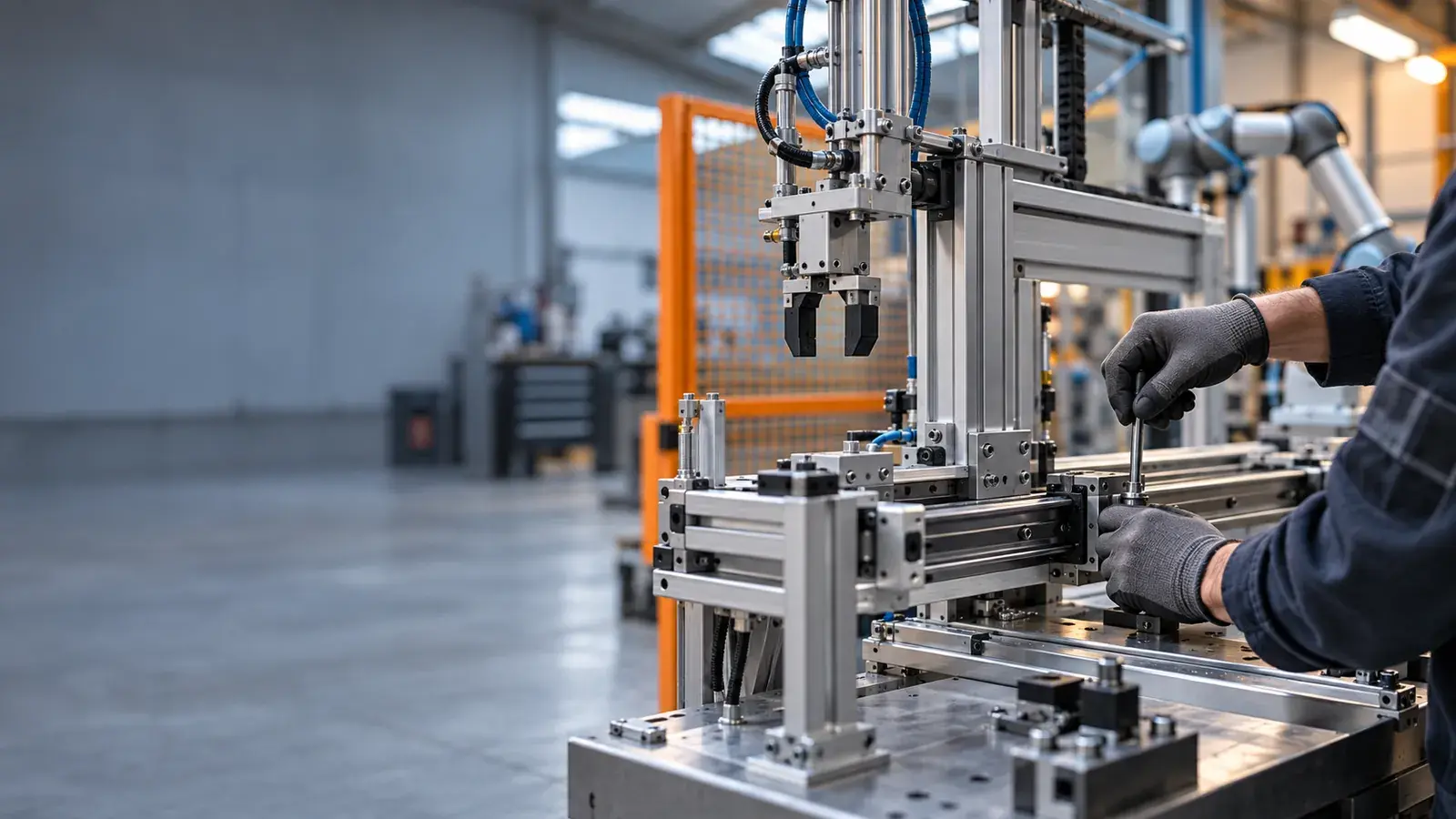Montage d'une machine spéciale d'automatisation : un technicien serre la fixation d'un axe linéaire sur un bâti en profilés aluminium, un bras robot flou à l'arrière-plan.